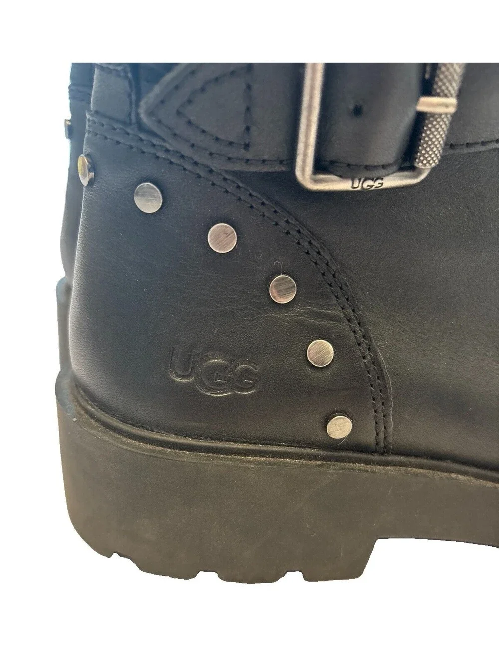 UGG Black Leather Motorcycle Lace Up Zipper Boots Women’s Size 12 Buckles Moto